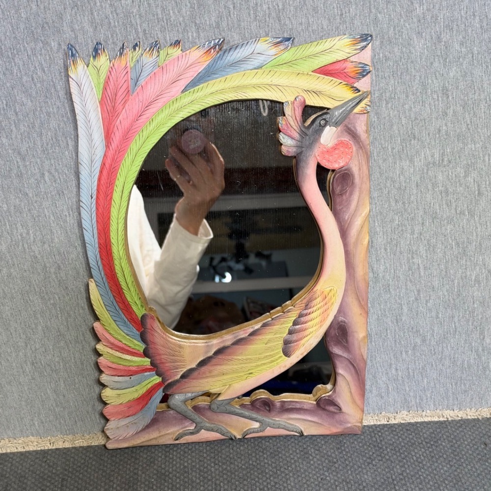 VTG Hand Carved Wood Tropical Bird Mirror Colorful Folk Art Wall Decor 14.5"